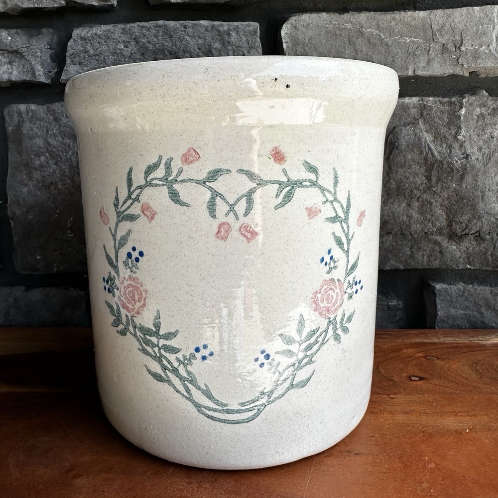 Vintage Pink Heart Floral Pottery Utensil Crock Cottagecore Grandma Farmhouse
